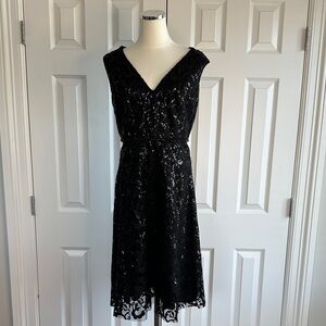 MAC Dougal Black Lace Overlay Sequin V Neck A68012 Cocktail Midi Dress Size 14
